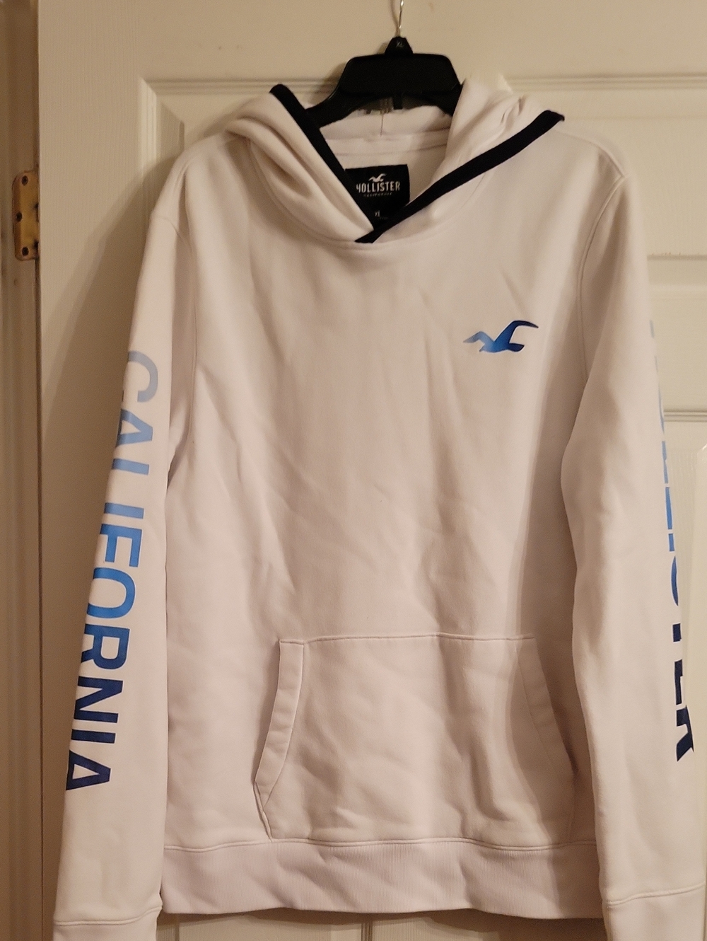 Worn Once Hollister White Pullover Hoodie with Blue Logo